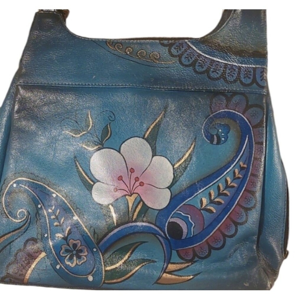 Anna By Anuschka Triple Compartment Satchel Hand Painted Leather Floral Print